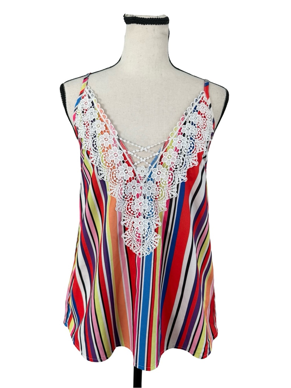 Striped Lace Trim Cami Tank Top Multicolor Boho Sleeveless Adjustable Straps S